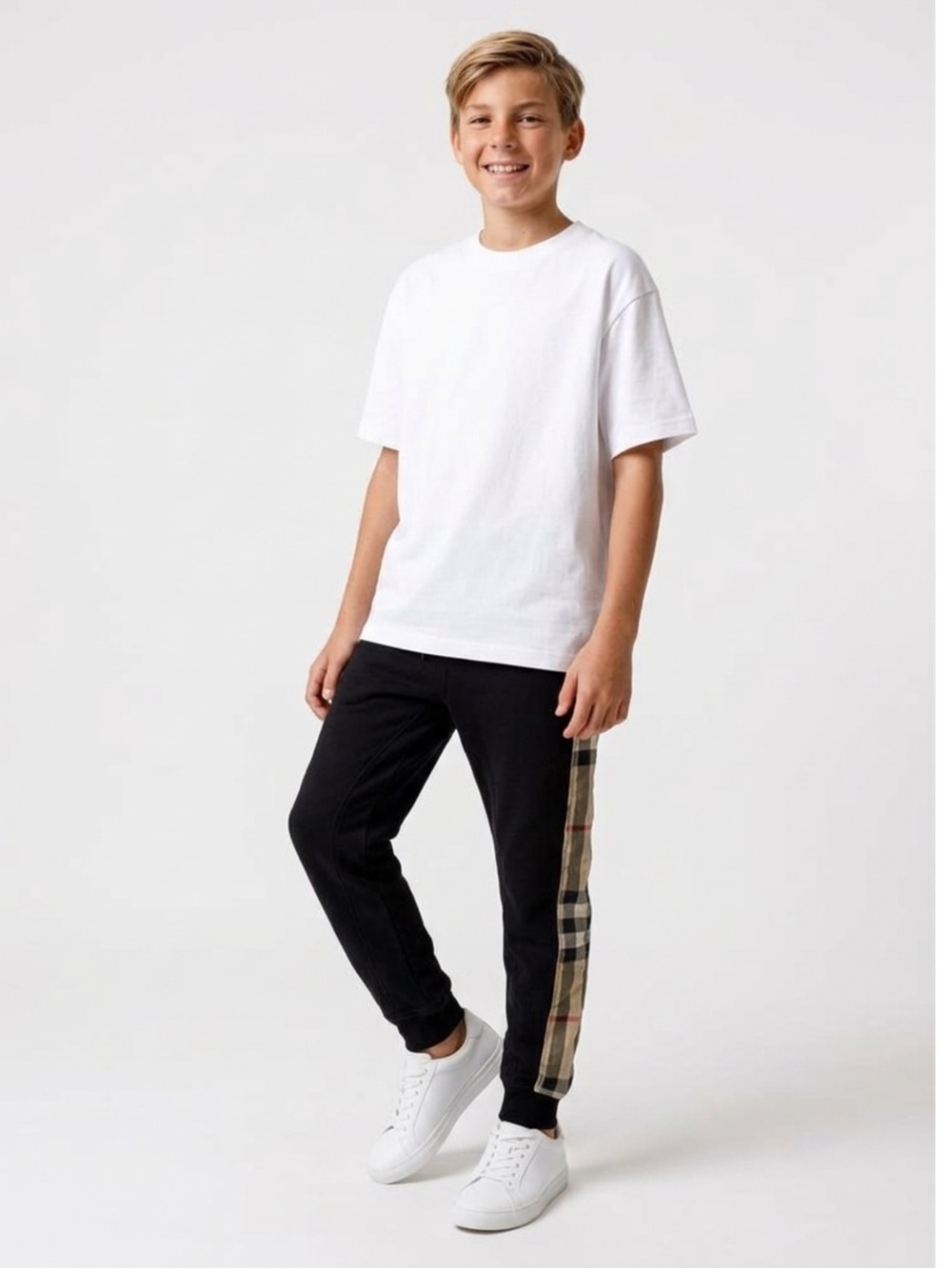 Burberry Black Sweatpants with Beige Plaid Trim